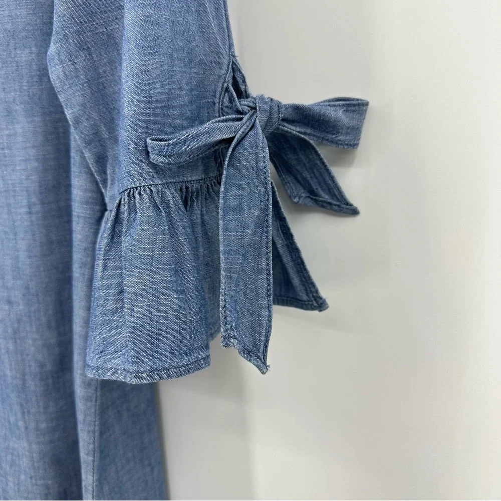 J. Crew Chambray Denim Dress Ruffle Tie-sleeve V-neck Cotton Blue Size 2